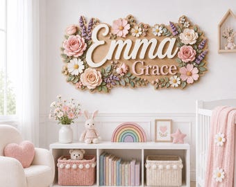 Custom Wooden Name Sign with Roses, Personalized Baby Girl Nursery Wall Decor, Floral Name Plaque, Nursery Room Sign, Roses Baby Room Kids