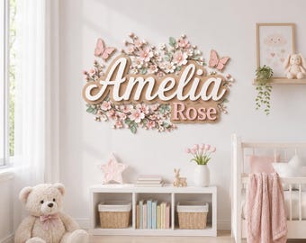 Personalized Cherry Blossom Name Sign, Floral Baby Girl Room Decor, Butterfly Wall Art, Cherry Blossom Nursery Sign, Flowers & Butterflies