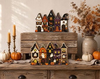 Villaggio di legno di Halloween, blocchi di legno, casetta della strega, decorazione spettrale a forma di casa stregata da posizionare su una mensola, decorazione di Halloween a forma di zucca fantasma, casa della strega