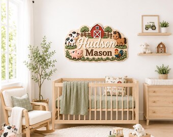 Placa personalizada com nome para quarto de bebê com tema de fazenda, decoração de parede personalizada com animais de celeiro em madeira, placa para quarto de bebê menino em estilo fazenda, presente para chá de bebê, fazenda de vacas e galinhas