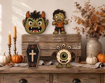 Halloween Wooden Block Decor Set, Monster Zombie Eyeball Coffin Sign, Spooky Halloween Shelf Sitters, Rustic Fall Home Decor, Halloween Gift