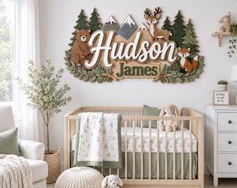 Personalized Woodland Nursery Name Sign, Bear Deer Fox Forest Wood Sign, Mountain Nursery Decor Gift, Bear Fox Deer Mountain Wooden Sign