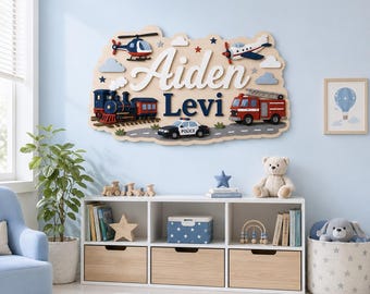 Personalized Transportation Name Sign, Train Fire Truck Airplane Nursery Wall Decor, Wooden Train Fire Truck Baby Boy, Airplane Fire Room