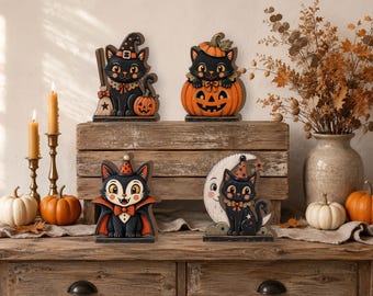 Cute Halloween Cat Shelf Decor, Black Cat Pumpkin Wooden Sign, Witch Cat Bock Decor, Halloween Cat Lover Gift, Black Cat Pumpkin Wooden Gift