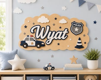 Placa personalizada com o nome do bebê para decoração de quarto infantil com tema de carro de polícia, decoração de parede com carro de polícia, placa para quarto de menino com tema de carro, presente para futuro policial, decoração para quarto infantil com tema de carro de polícia