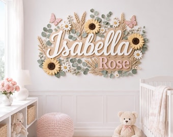Personalized Sunflower Nursery Name Sign, Custom Wooden Baby Girl Wall Decor, Floral Nursery Room Sign, Sunflower Butterfly Sign Decor