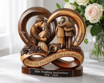 Personalized 50th Wedding Anniversary Wooden Block, Couple Infinity Sculpture, Golden Anniversary Gift, 50th Golden Wedding Gift For Parents