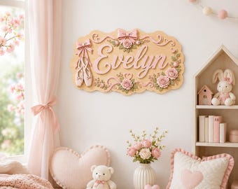 Placa personalizada para quarto de bebê com tema de balé, decoração de parede com tema de bailarina, placa floral rosa para quarto de bebê menina, presente para chá de bebê com sapatilhas de balé de flores.