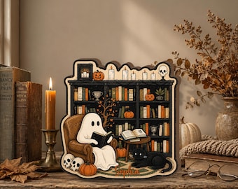 Personalized Ghost Reading Wooden Block Decor, Halloween Bookshelf Shelf Sitter, Black Cat Ghost Book Lover Gift, Cute Ghost Reading Book