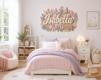 Custom Wooden Nursery Name Sign, Garden Floral Butterfly Wall Decor, Baby Girl Bedroom Sign, Butterfly Name Sign Gift, Butterfly Wall Decor