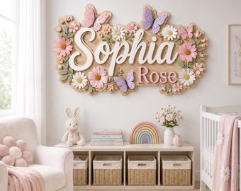 Personalized Butterfly Nursery Name Sign, Floral Nursery Room Sign, Pink Flower Plaque Sign, Floral Nursery Name Sign, Butterfly Wooden Gift