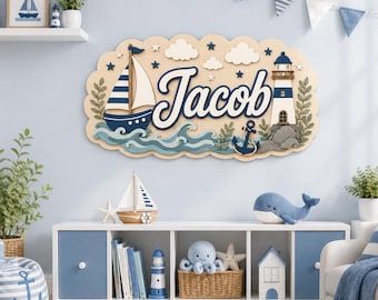 Personalized Nautical Nursery Name Sign, Sailboat Lighthouse Wall Decor, Ocean Theme Kids Room, Ocean Theme Bedroom Decor, Baby Sea Decor