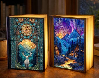 Luminária de Leitura Fantástica em Formato de Livro, Decoração para Estante com Tema de Floresta de Cervos, Luminária de LED Estilo Vitral, Luminária de Leitura Aconchegante, Presente Ideal para Amantes de Livros