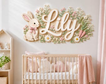 Personalized Bunny Nursery Name Sign, Baby Girl Wooden Wall Decor, Floral Rabbit Name Plaque, Baby Shower Gift, Bunny Flower Nursery Decor