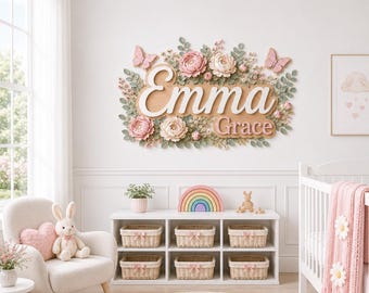 Personalized Floral Nursery Name Sign, Butterfly Flower Wooden Sign, Pink Nursery Decor Gift, Floral Peony Nursery Wall Decor Baby Girl Room