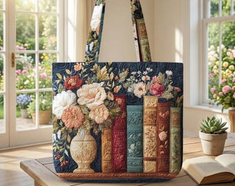 Benutzerdefinierte Vintage Blumenbuch Tragetasche, Buch-Liebhaber-Geschenk, Cottagecore Tragetasche, Bibliothek ästhetische Tasche, literarisches Geschenk für sie, klassische Buch-Einkaufstasche