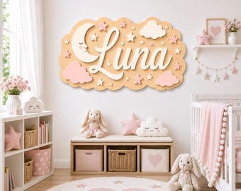 Placa personalizada com nome para quarto de bebê com lua e estrelas, decoração de parede rosa com lua e estrelas, presente celestial para chá de bebê, decoração celestial para quarto com lua e nuvens.