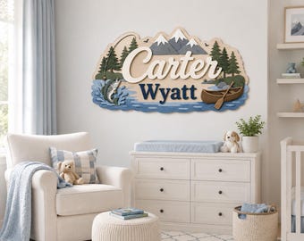 Personalized Fishing Nursery Name Sign, Lake Mountain Woodland Wooden Sign, Fishing Baby Room Decor, Fish Boat Mountains Pine Trees Boy Room