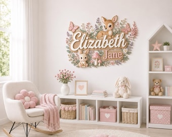 Custom Woodland Baby Girl Name Sign, Deer Bunny Nursery Wall Decor, Floral Forest Wooden Name Plaque for Girls Room, Deer Bunny Nursery Gift