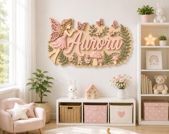 Personalized Fairy Nursery Name Sign, Floral Woodland Baby Girl Room Sign, Mushroom Fairy Garden Decor, Butterfly Fairy Princess Gift