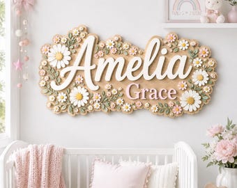 Personalized Daisy Name Sign for Nursery, Custom Wooden Floral Name Plaque, Baby Girl Room Decor, Wildflower Wall Art Gift, Girls Room Sign