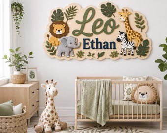 Personalized Safari Nursery Name Sign, Jungle Animals Wooden Sign, Lion Elephant Giraffe Boy Room Gift, Safari Elephant Giraffe Baby Room