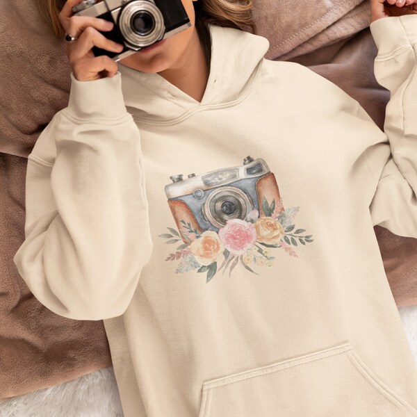 Damen Pullover Hoodie mit Blumen und Kamera, Fotoapparat