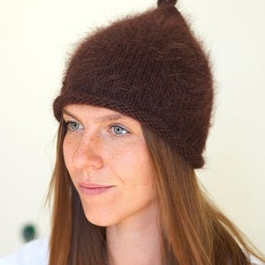 Pippa Acorn Spring Hat – Fluffy Pointed Knit Beanie, Trendy Winter Pixie Hat, Angora yarn