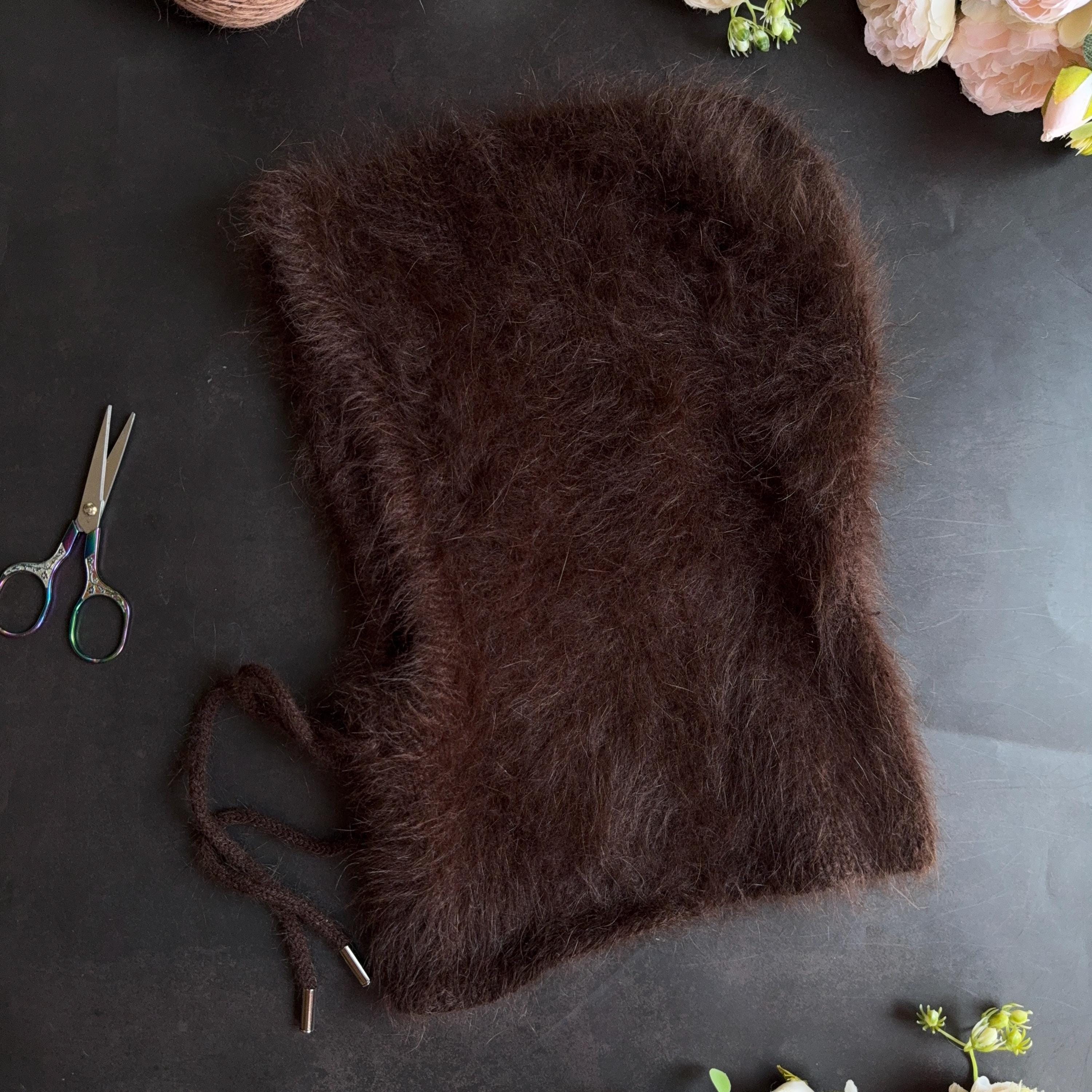 Chocolate Angora 80 Hood Ultra Soft & Fluffy Bonnet Cozy Handmade Balaclava for Cold Weather