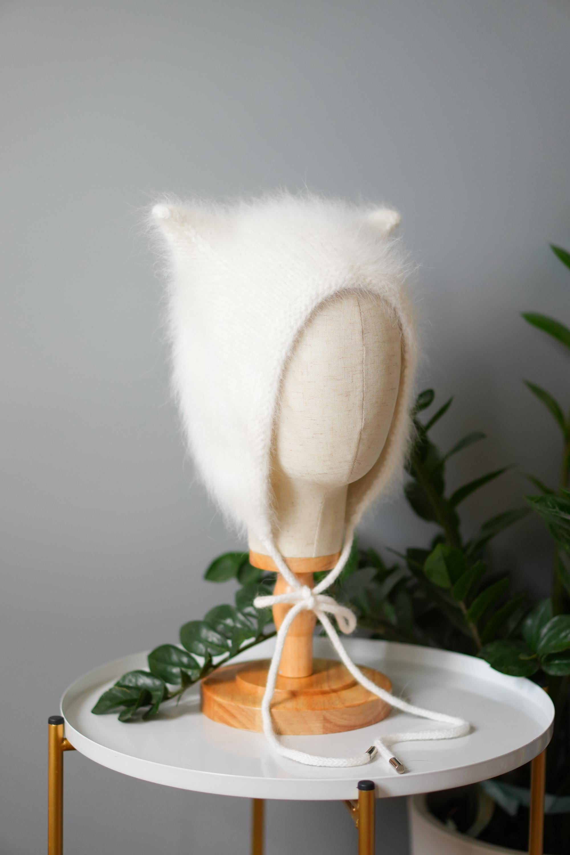 Hand-knit Italian Angora Cat-ear Bonnet: Fluffy Hooded Kitty Hat