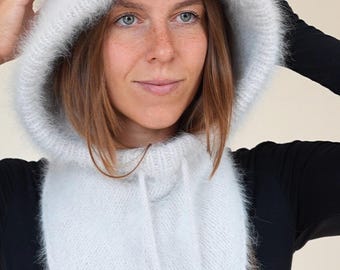 Handmade Extra-Warm Angora Balaclava Hood – Thick Italian Angora 80, with Drawstrings