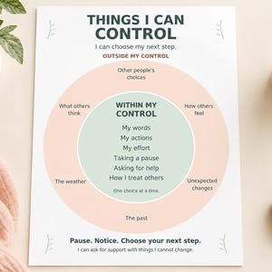 May include: A white educational poster titled THINGS I CAN CONTROL featuring a circular diagram. The inner circle labeled WITHIN MY CONTROL lists items like my words and actions, while the outer ring lists items outside of control.