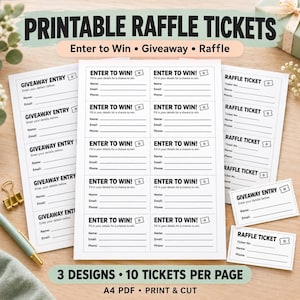 Pode incluir: Bilhetes de rifa imprimíveis em papel branco com texto preto. As folhas apresentam secções rotuladas como Enter to Win, Giveaway Entry e Raffle Ticket com linhas para nome, e-mail e telefone. Texto: 3 Designs, 10 Tickets Per Page, A4 PDF Print & Cut.