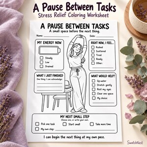Stress Relief Coloring Worksheet, A Pause Between Tasks, Mindful Break Printable PDF