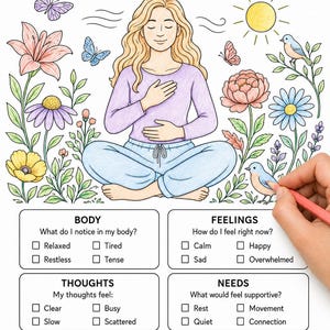 May include: A Mindful Check-In coloring page featuring a person sitting in a meditative pose surrounded by flowers, butterflies, and birds. The sheet includes sections for Body, Feelings, Thoughts, and Needs with checkboxes and prompts for self-reflection.