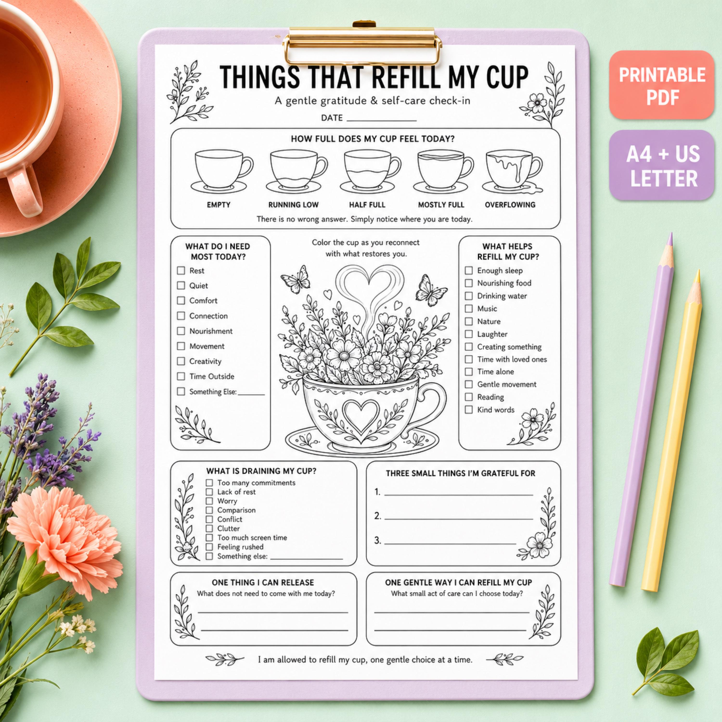 Gratitude Worksheet, Self Care Check-In, Mindfulness Coloring Page, Printable PDF