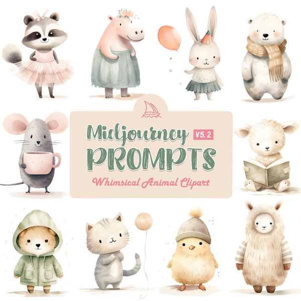 Midjourney Prompts Whimsical Animal Clipart, Cute Nursery Animal Clipart, Children's Book Illustration Prompt