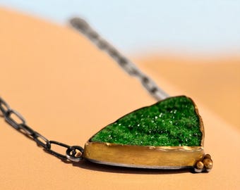 Asymmetrical Green Uvarovite Garnet Druzy Necklace 22k Gold Sterling Silver Artisan Paperclip Chain Metalsmith Silversmith OOAK