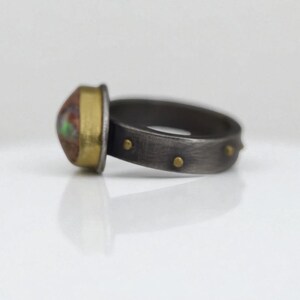 May include: A close-up of a ring with a large, oval-shaped stone. The stone has a mix of colors, including red, green, and brown. The ring's band is dark gray with small gold accents. The setting around the stone is gold.