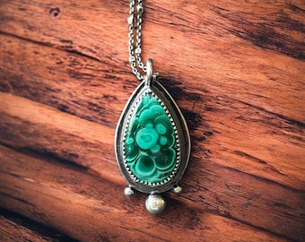 Artisan Really Handmade Malachite Fine Silver Sterling  Oxidized Necklace Pendant