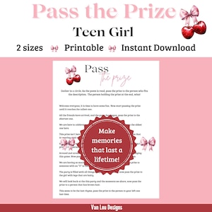 Op de afbeelding: Printbare spelinstructies met een roze achtergrond en een kersendesign. De tekst luidt "Pass the Prize" en "Make memories that last a lifetime!"