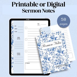 Blue Floral Toile Sermon Note Template Digital Download Bible Planner Church Journal and Prayer Notebook Printable Page Christian Design