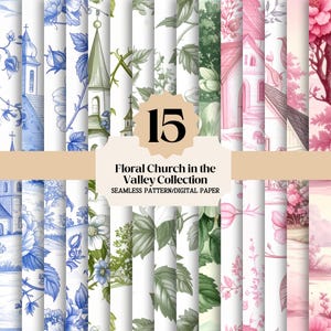 Floral Church Digital Paper Background Set Seamless Pattern Download Collection Sketched Church Design Religious Steeple Scrapbook