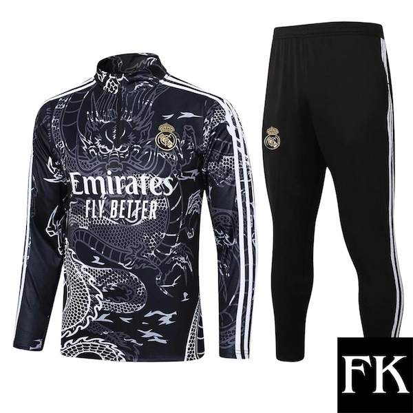 Survêtement de football Real Madrid Dragon, survêtement de football noir Real Madrid, kits de sport cadeau pour hommes