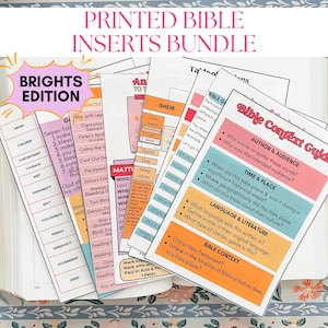 May include: A bundle of printed Bible inserts in the "Brights Edition." The inserts feature colorful text and graphics, including lists, charts, and study guides. The bundle is designed to enhance Bible study and includes topics like Bible context and literary genre.