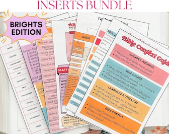 May include: A bundle of printed Bible inserts featuring the Brights Edition. The pages include a Bible Context Guide, tables of contents, and lists of miracles and character traits in various colors like pink, orange, and blue.