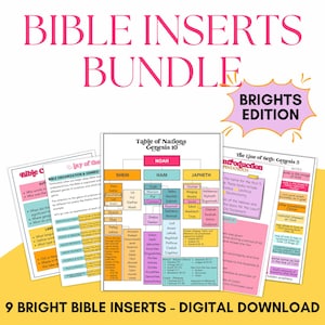 May include: A bundle of 9 bright Bible inserts, digital download. The inserts include charts and guides with titles like "Bible Organization & Genres" and "Table of Nations Genesis 10." The design features pink, yellow, and blue accents.
