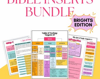 May include: A bundle of 9 bright Bible inserts, digital download. The inserts include charts and guides with titles like "Bible Organization & Genres" and "Table of Nations Genesis 10." The design features pink, yellow, and blue accents.