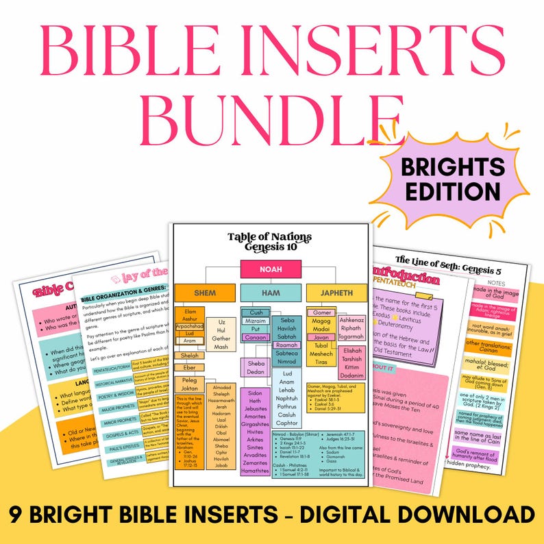 May include: A bundle of 9 bright Bible inserts, digital download. The inserts include charts and guides with titles like "Bible Organization & Genres" and "Table of Nations Genesis 10." The design features pink, yellow, and blue accents.