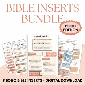 May include: A digital download of nine Boho Bible inserts. The inserts provide information on the Gospels, including Matthew and Mark, with outlines and key details. The design incorporates a pink Boho Edition badge and text in a soft, neutral colour palette.